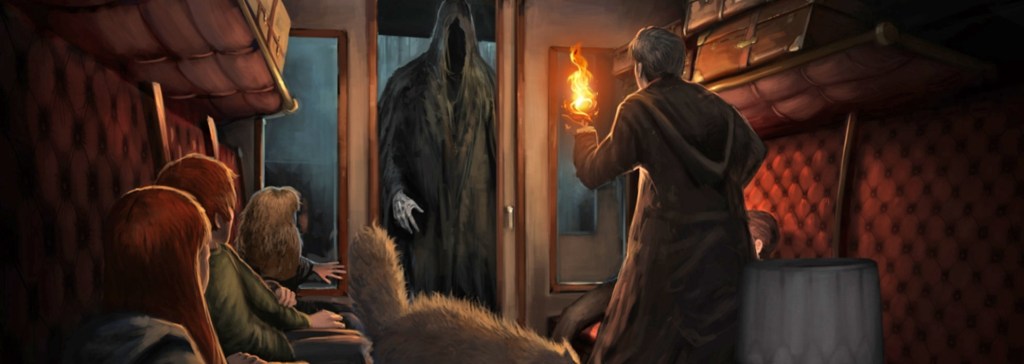Lupin confronting a Dementor in the Hogwarts Express as the Trio watch