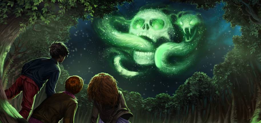 Harry, Ron and Hermione watching the Dark Mark shining green in the sky, looking back at them