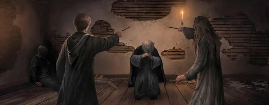 Lupin and Sirius brandishing their wands at a cowering Pettigrew while Snape is unconscious, sat against the wall