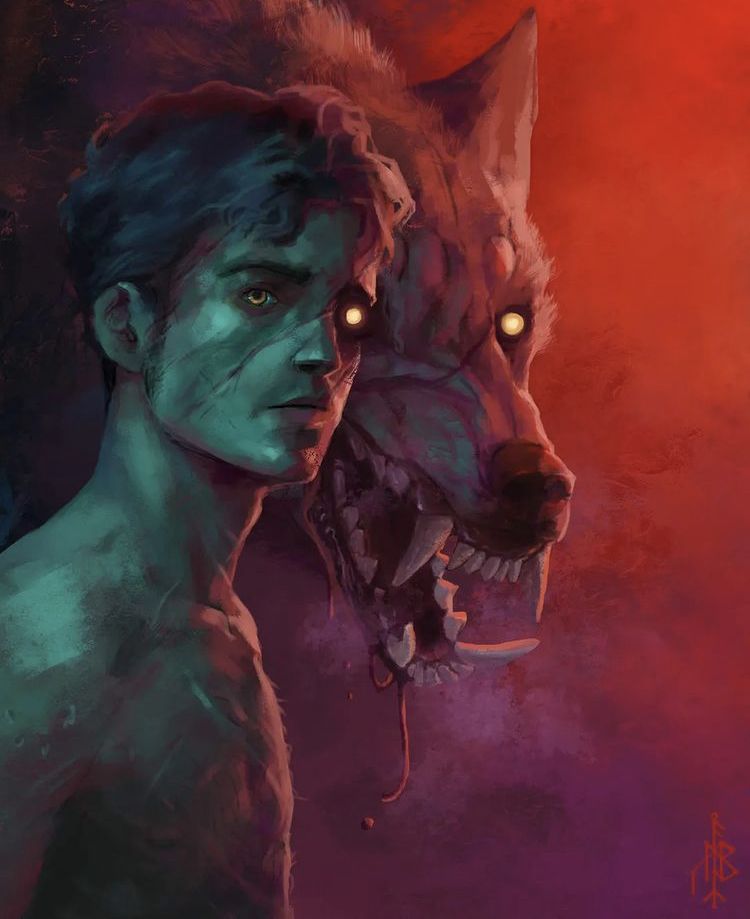 Remus Lupin and his blood-thirsty werewolf-form sharing a yellow-gleaming eye, on a red background