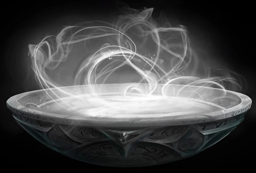 Silvery threads of memories swirling above a Pensieve
